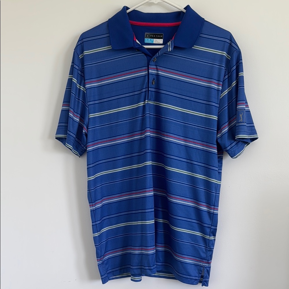 PGA Tour Pro Series Blue and Red Polo Shirt Sporty Stripes